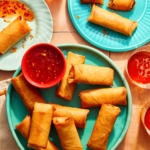 Vietnamese spring rolls on a platter with a bowl on sweet chili sauce.