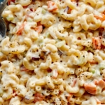 Close up on a big bowl of Hawaiian Macaroni Salad recipe.