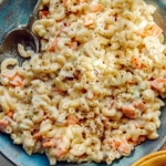 Close up on a big bowl of Hawaiian Macaroni Salad recipe.