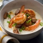 Close up on Shrimp and Grits in a bowl.