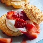 A single strawberry shortcake made from a recipe.