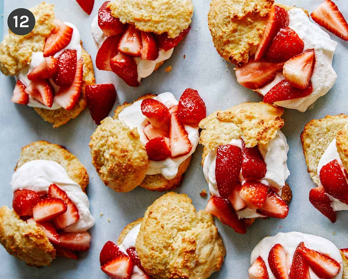 Strawberry shortcakes all laid out on a platter.
