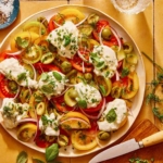 Tomato salad on a plate with herbs on the side.