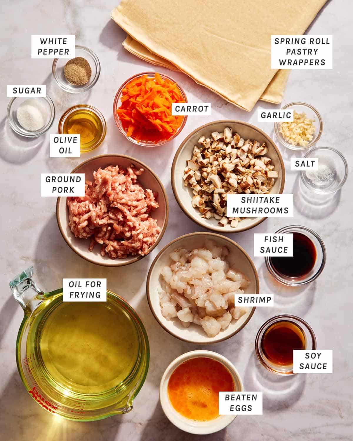 Ingredients to make Vietnamese fried spring rolls.