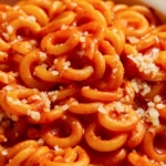 Up close on a bowl on homemade Spaghetti Os.