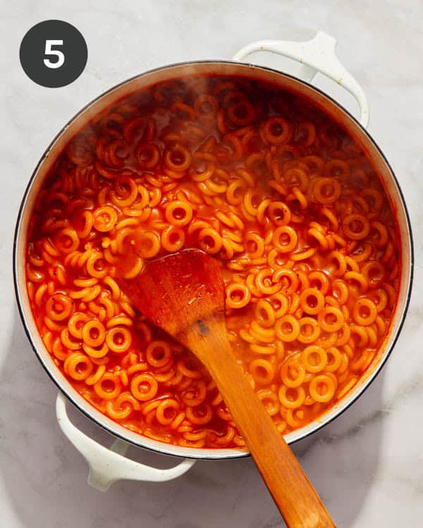 Pasta cooked up in a pot to make spaghetti Os.
