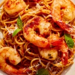Close up on a plate of tomato butter pasta with shrimp.