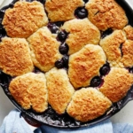 Blueberry cobbler in a skillet freshly baked.