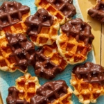 Liege waffles on a platter with one eaten on the side.