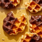 Partially eaten liege waffles with bites taken out of them on a kitchen counter.