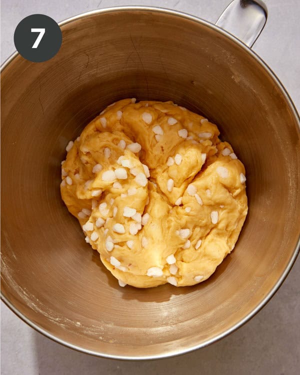 Liege waffle dough in a metal bowl.
