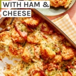Close up on a ham and cheese croissant bake with some served on a plate.