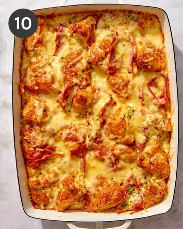 A baked ham and cheese croissant casserole.
