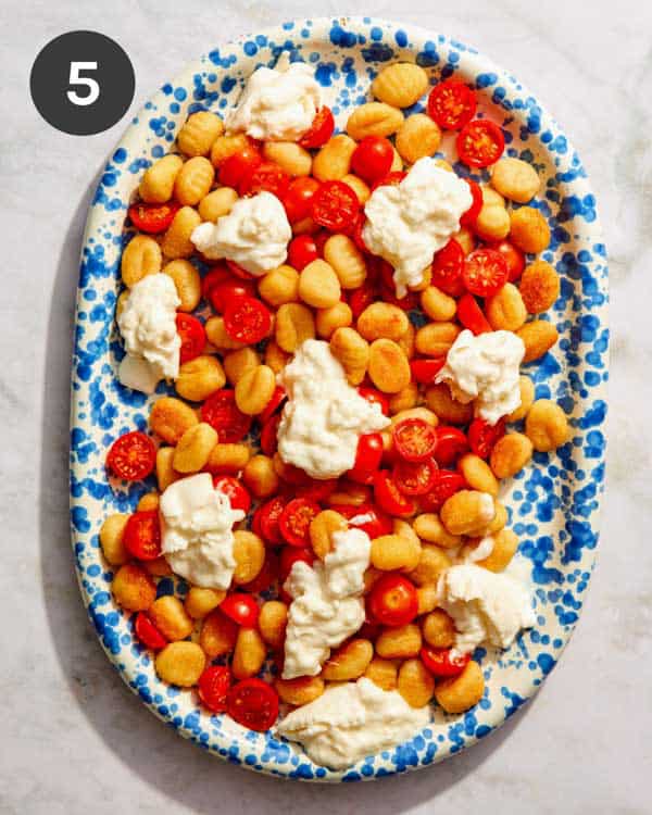 Pan fried gnocchi with cherry tomatoes and burrata on top.