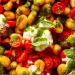Caprese pan fried gnocchi on a platter up close.