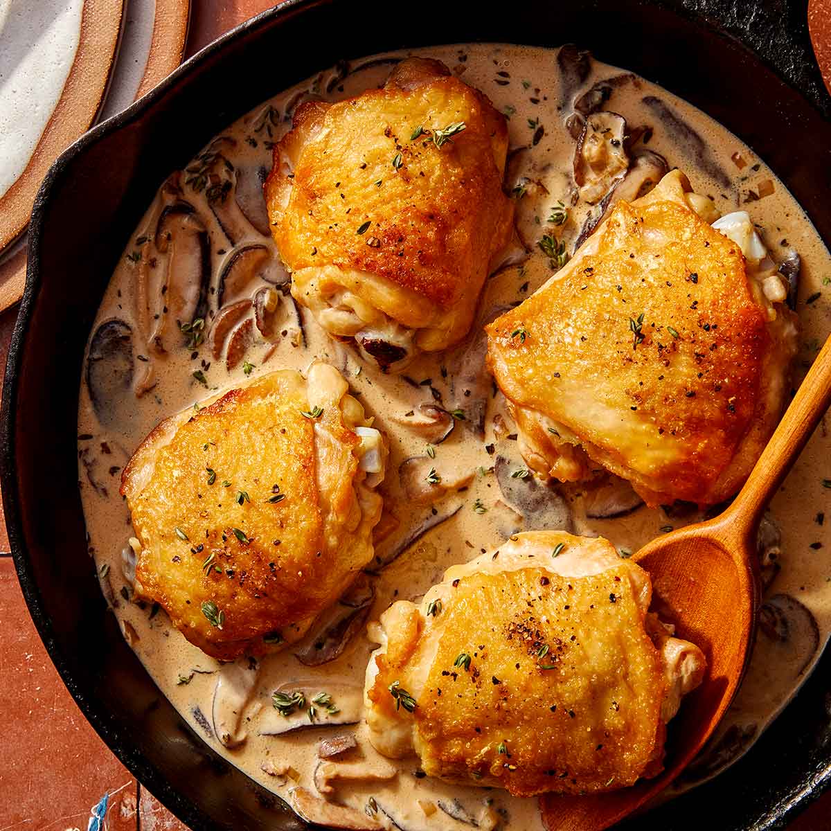 Crispy Chicken Thighs (in a Creamy Mushroom Sauce)
