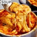 French onion soup recipe in bowls.