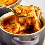 French onion soup recipe in bowls.