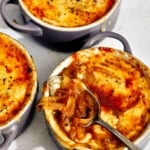 French onion soup recipe in bowls.