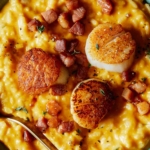 Pumpkin risotto with seared scallops on top in a bowl with a spoon in it.