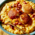 Pumpkin risotto with seared scallops on top in a bowl with a spoon in it.